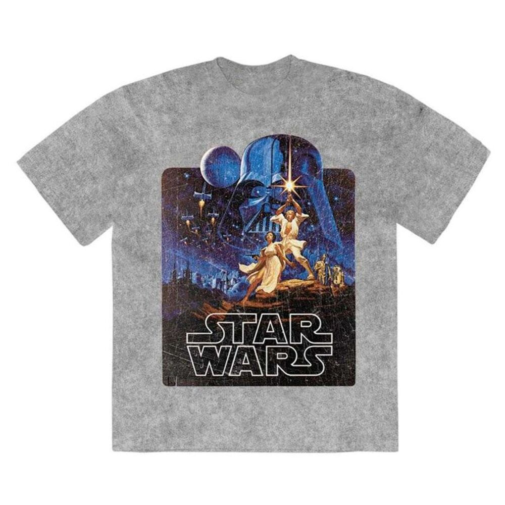 Star Wars Unisex Adult Luke & Leia Action Pose Stone Wash T-Shirt / Gray